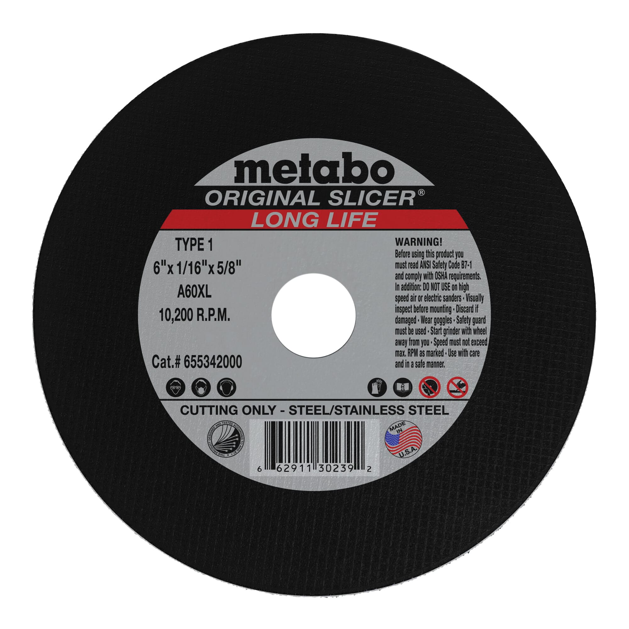 metabo® 655342000 Original Slicer Long Life Type 1 Straight Tough Cut-Off Wheel, 6 in Dia x 1/16 in THK, 5/8 in Center Hole, 60 Grit, Aluminum Oxide Abrasive